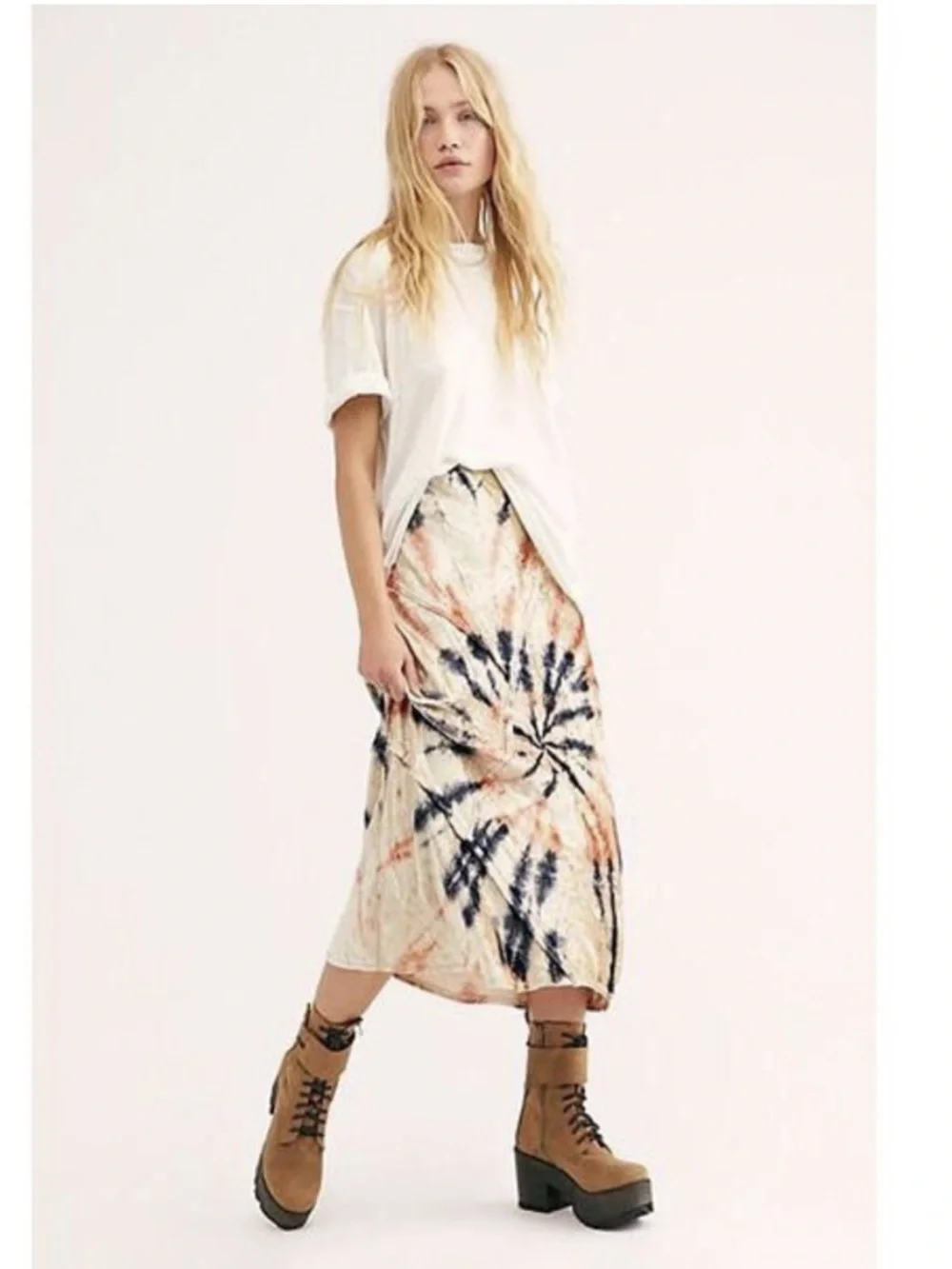 Free People Tie-Dye Midi Skirt in Beige, Navy and Rust
